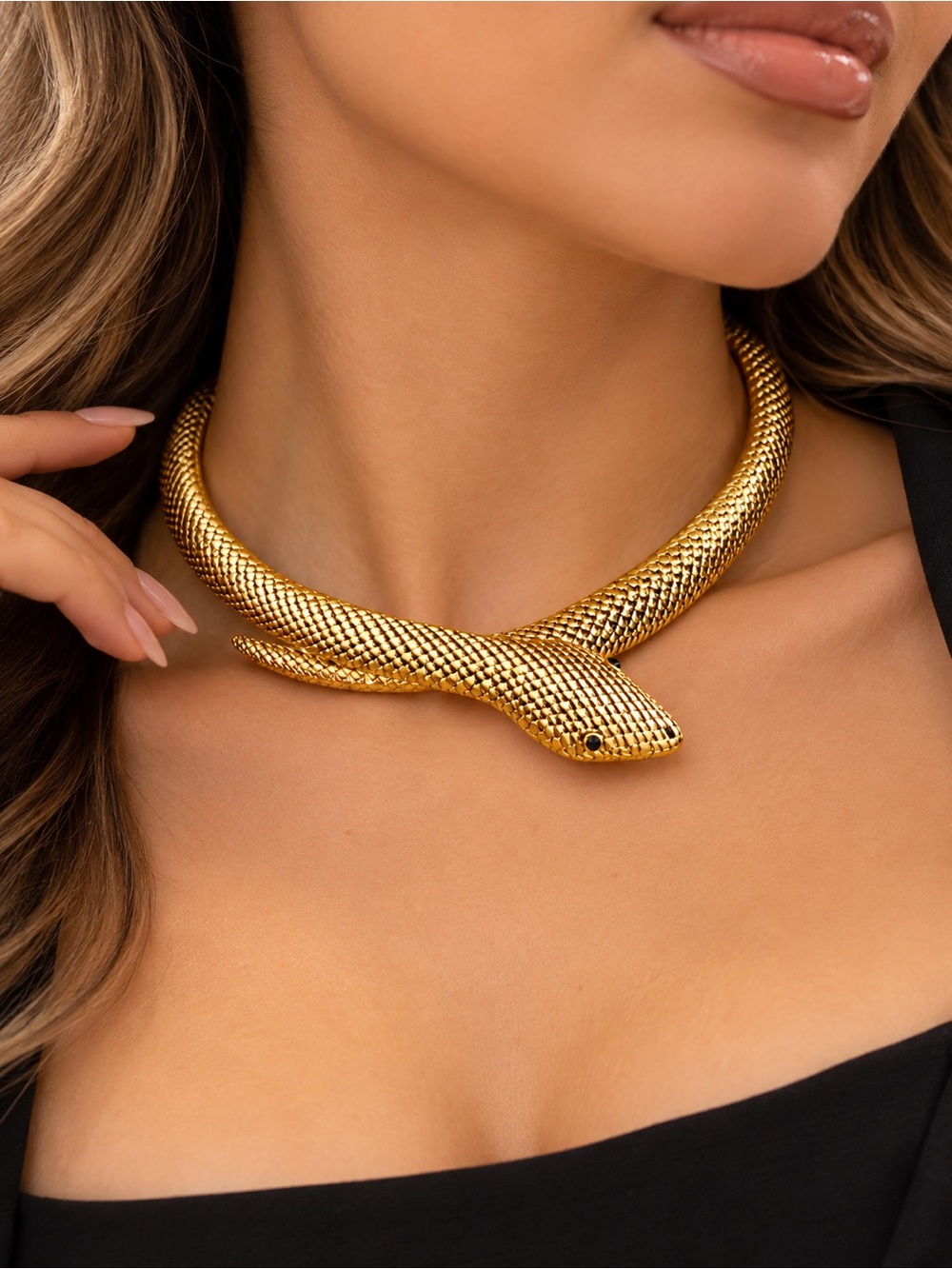 Gold Snake-Style Reptile Collar Necklace - Unbranded
